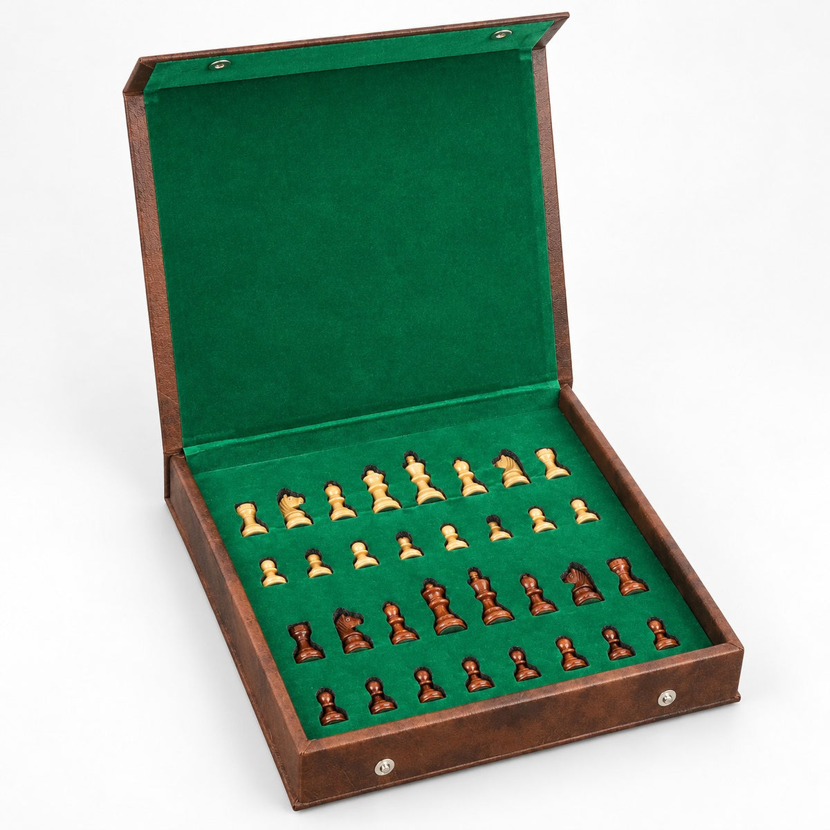 10-Inch Leatherette Travel Chess Set with Wooden Magnetic Pieces & Storage Case - open storage case