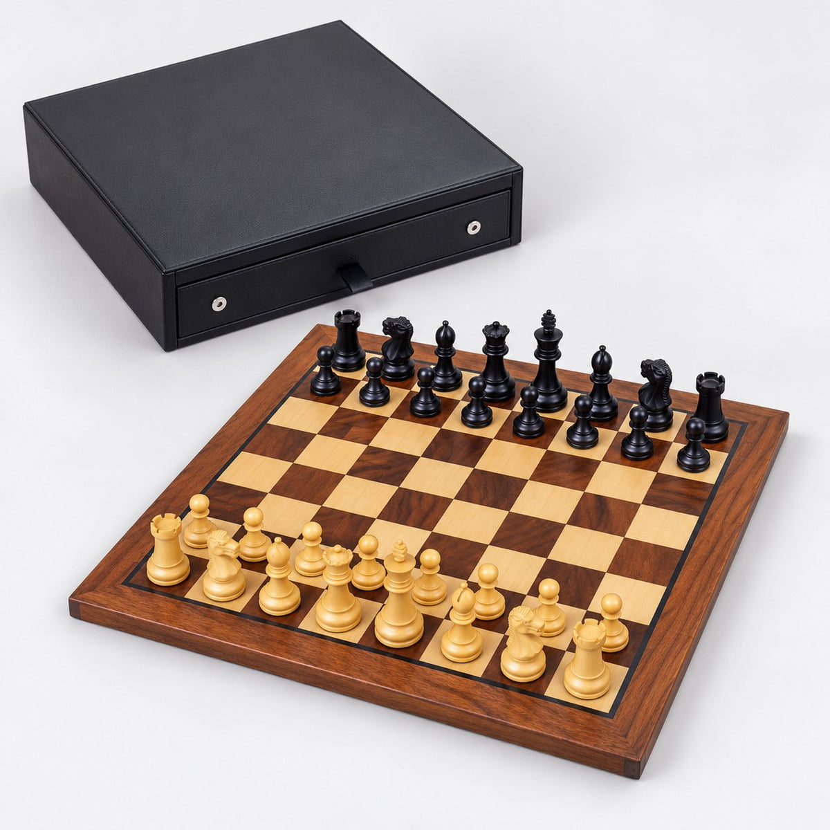 12-Inch Elegant Minimalist Staunton Magnetic Travel Chess Set with Ebonized Boxwood Pieces - Gift Edition - complete set