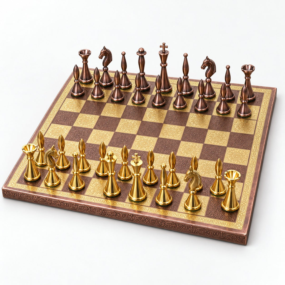 14-Inch Modern Luxury Brass Chess Set with Antique Copper & Gold Metal Pieces and Board - complete set
