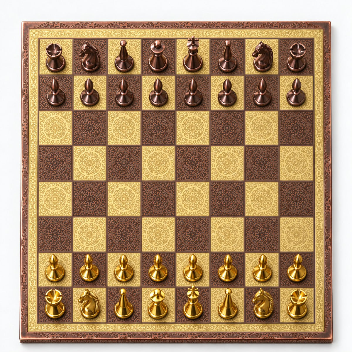 14-Inch Modern Luxury Brass Chess Set with Antique Copper & Gold Metal Pieces and Board - chessboard top view
