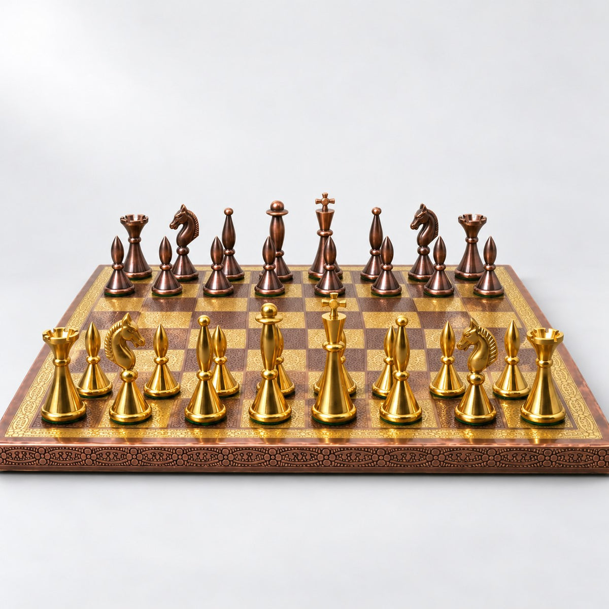 14-Inch Modern Luxury Brass Chess Set with Antique Copper & Gold Metal Pieces and Board - low angle view