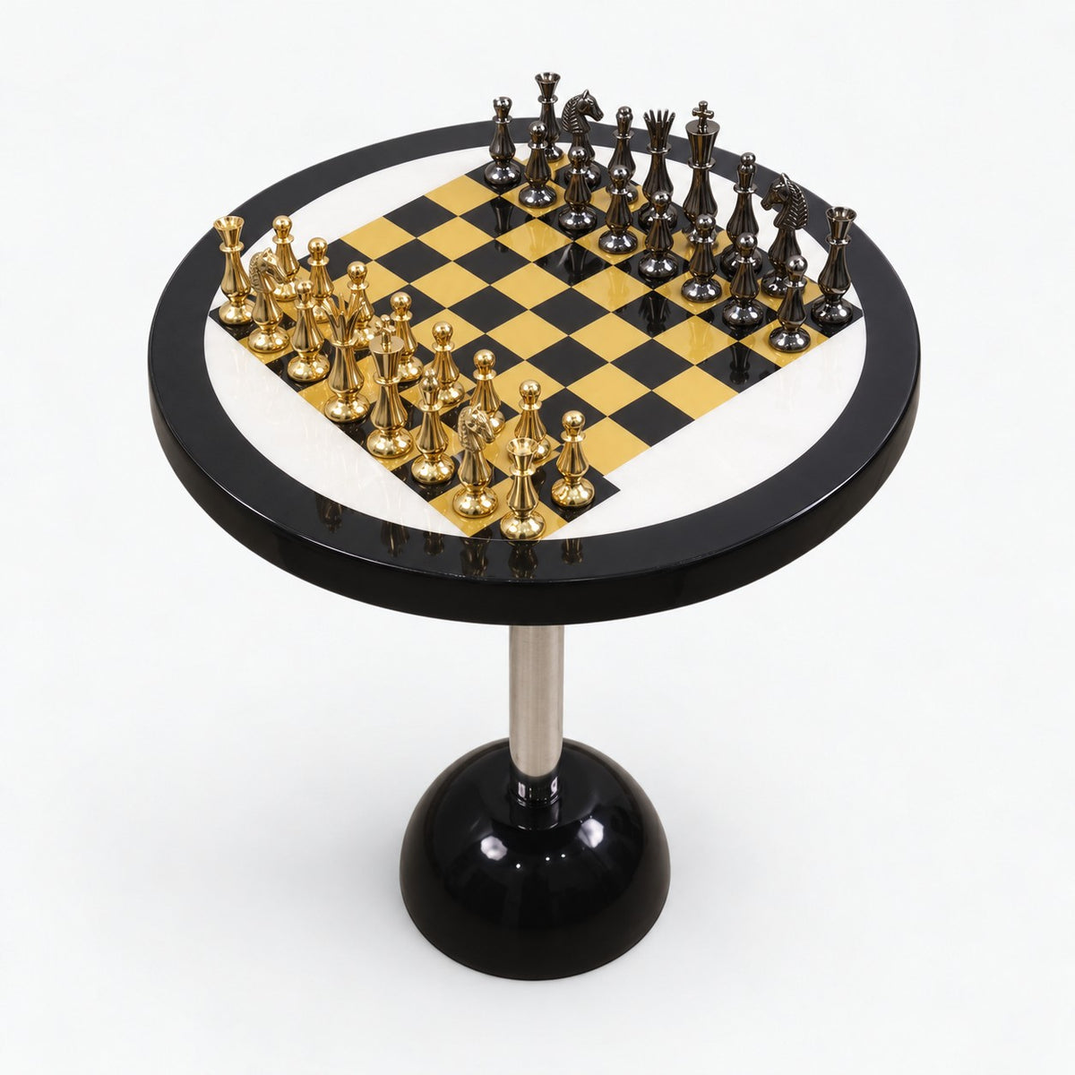 17-Inch Luxury Minimalist Brass Metal Chess Set with Board and Table - 21-Inch Tall Statement Design - complete set