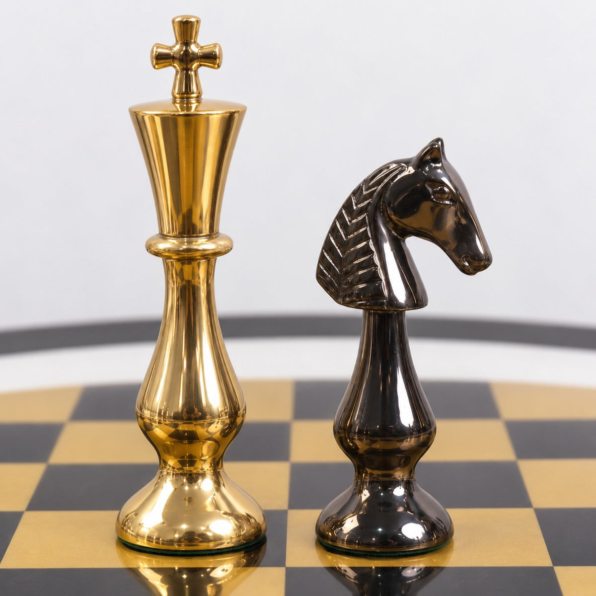 17-Inch Luxury Minimalist Brass Metal Chess Set with Board and Table - 21-Inch Tall Statement Design - king and knight close-up