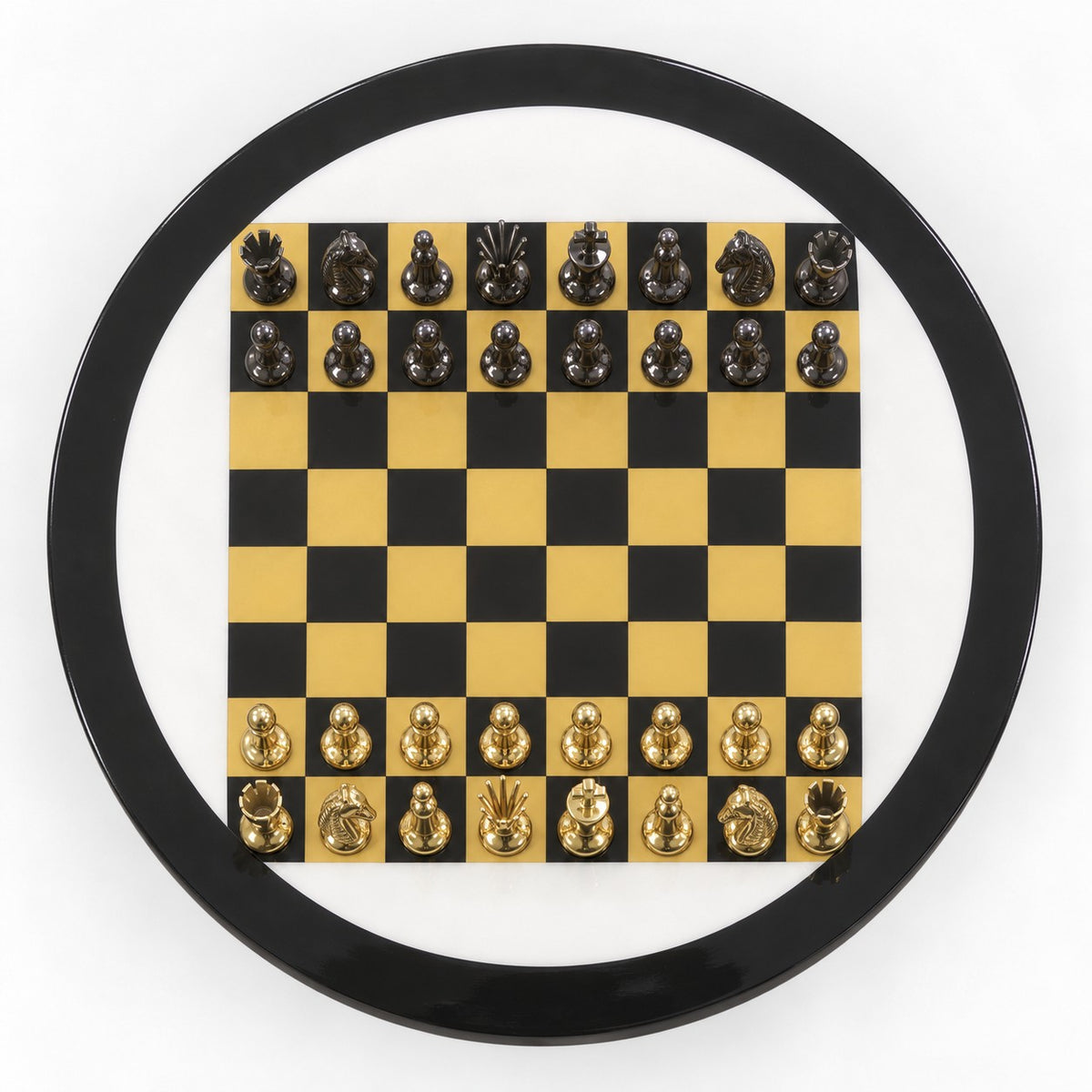 17-Inch Luxury Minimalist Brass Metal Chess Set with Board and Table - 21-Inch Tall Statement Design - chessboard top view