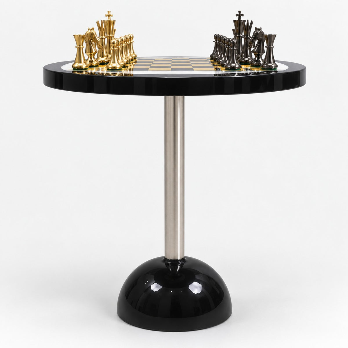 17-Inch Luxury Minimalist Brass Metal Chess Set with Board and Table - 21-Inch Tall Statement Design - side view