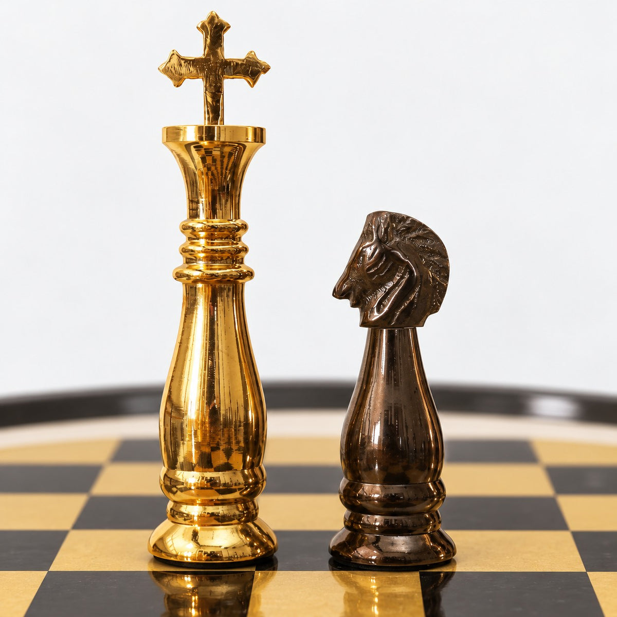 18-Inch Luxury Executive Brass Chess Table Set with Metal Chess Pieces - 27 Inches Tall - king and knight close-up