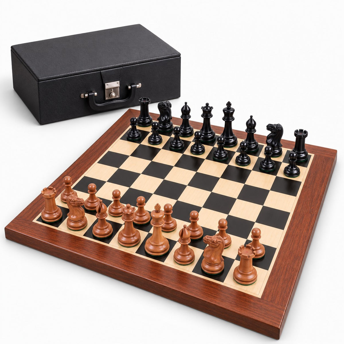 1849 Cooke Staunton Chess Set Combo with Ebony & Antiqued Boxwood Pieces, Board and Storage Box - complete set