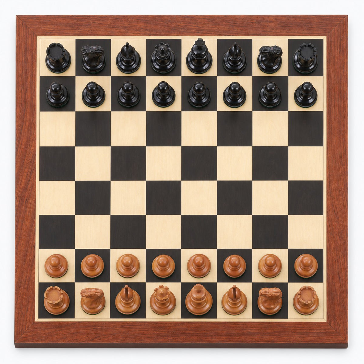 1849 Cooke Staunton Chess Set Combo with Ebony & Antiqued Boxwood Pieces, Board and Storage Box - chessboard top view