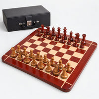 1849 Original Staunton Chess Set with 4.5" King - Distressed Lacquered Antiqued Boxwood & Bud Rosewood Pieces, Board and Storage Box Combo - complete set