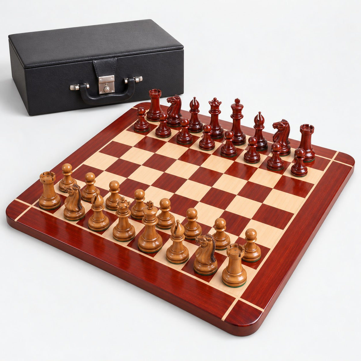 1849 Original Staunton Chess Set with 4.5" King - Distressed Lacquered Antiqued Boxwood & Bud Rosewood Pieces, Board and Storage Box Combo - complete set
