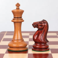 1849 Original Staunton Chess Set with 4.5" King - Distressed Lacquered Antiqued Boxwood & Bud Rosewood Pieces, Board and Storage Box Combo - king and knight close-up