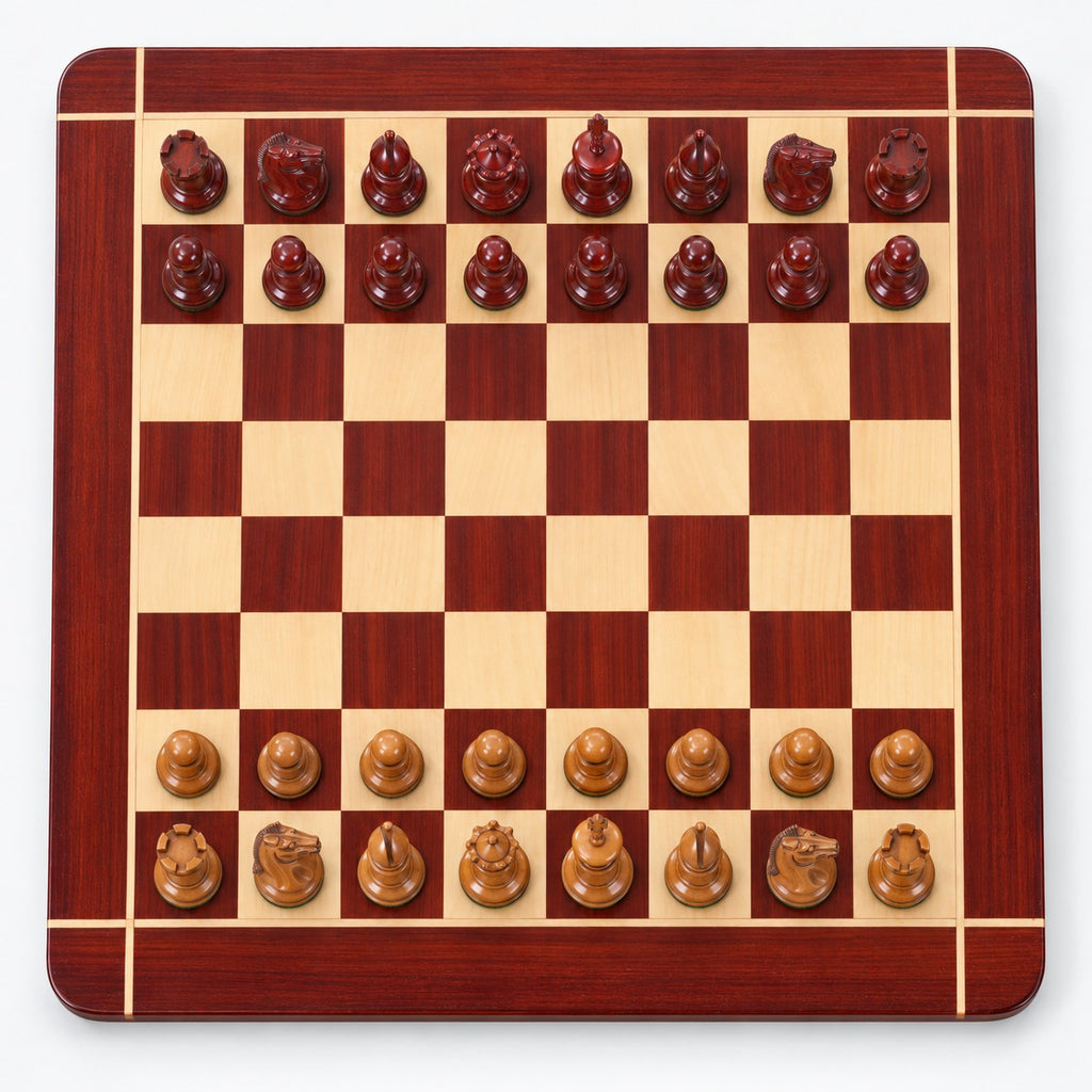 1849 Original Staunton Chess Set with 4.5" King - Distressed Lacquered Antiqued Boxwood & Bud Rosewood Pieces, Board and Storage Box Combo - chessboard top view