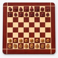 1849 Original Staunton Chess Set with 4.5" King - Distressed Lacquered Antiqued Boxwood & Bud Rosewood Pieces, Board and Storage Box Combo - chessboard top view