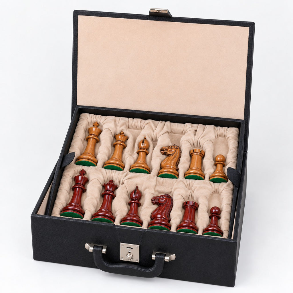 1849 Original Staunton Chess Set with 4.5" King - Distressed Lacquered Antiqued Boxwood & Bud Rosewood Pieces, Board and Storage Box Combo - storage box
