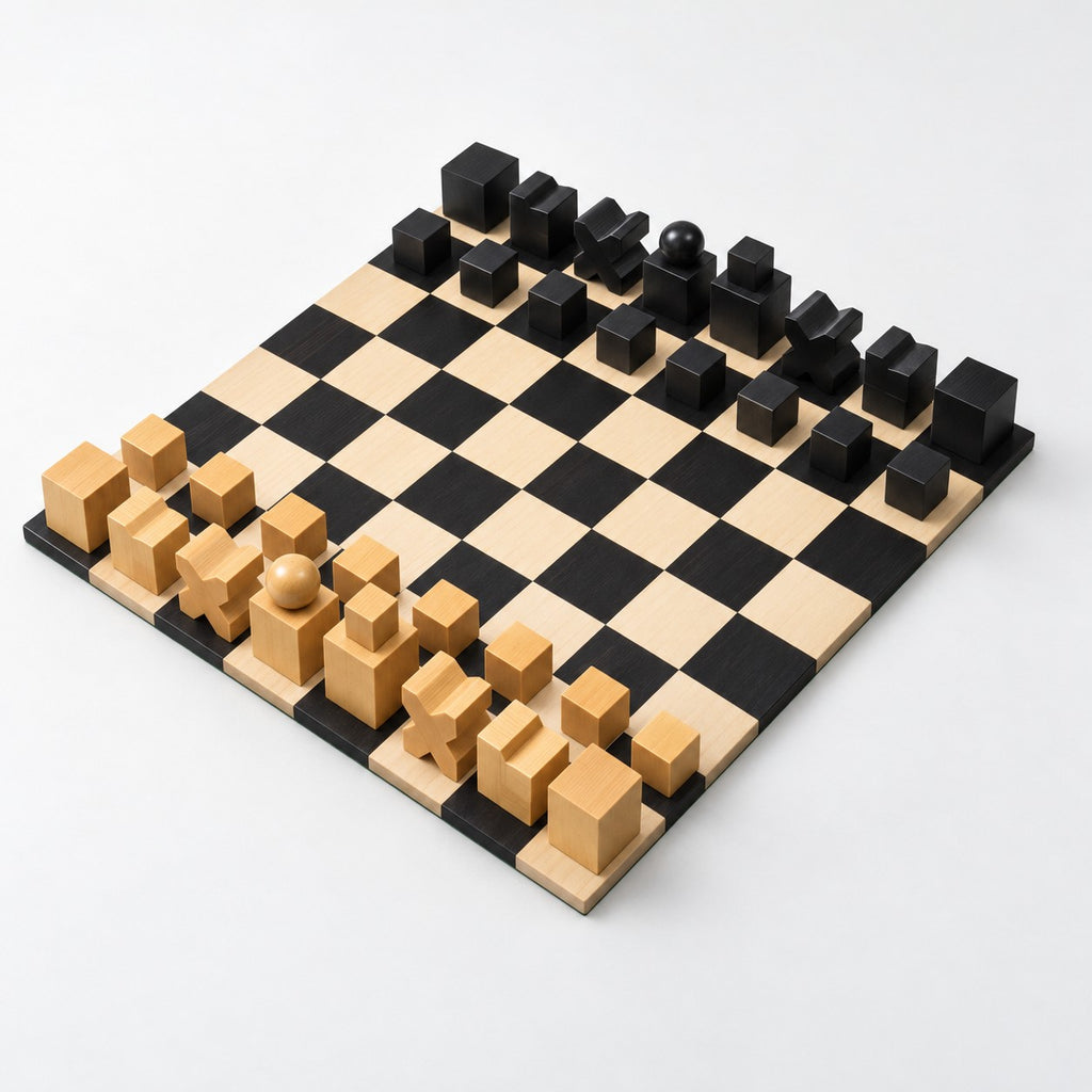 1923 Bauhaus Chess Set - Ebonized Boxwood Pieces with Ebony Chess Board - complete set