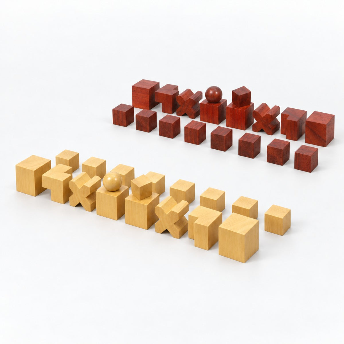 1923 Bauhaus Chess Set Reproduction - Chess Pieces Only in Bud Rosewood & Boxwood, 2-Inch King - side view of the pieces