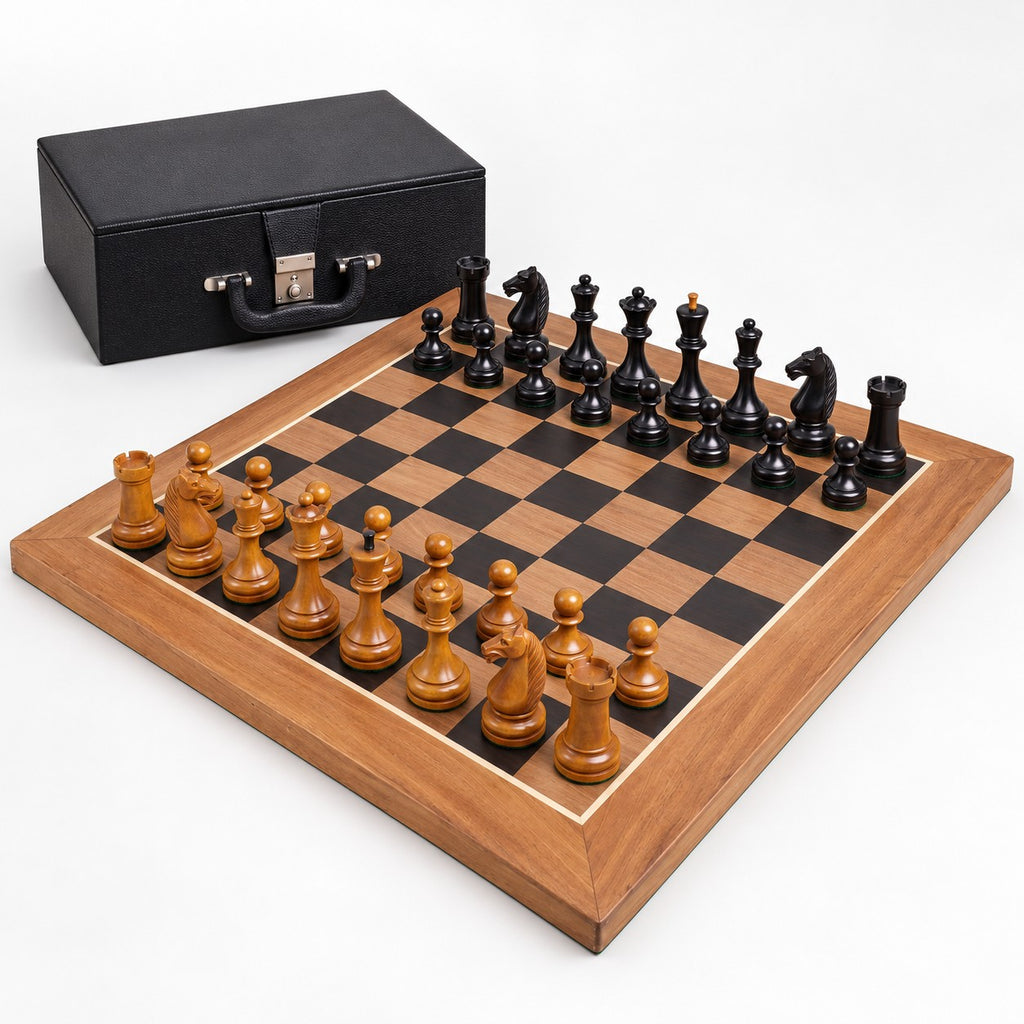 1935 Botvinnik-Flohr II Soviet Chess Set Combo - Antiqued & Ebonized Boxwood Pieces with Chessboard and Storage Box - complete set