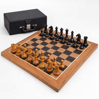 1935 Botvinnik-Flohr II Soviet Chess Set Combo - Antiqued & Ebonized Boxwood Pieces with Chessboard and Storage Box - complete set