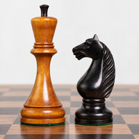 1935 Botvinnik-Flohr II Soviet Chess Set Combo - Antiqued & Ebonized Boxwood Pieces with Chessboard and Storage Box - king and knight close-up