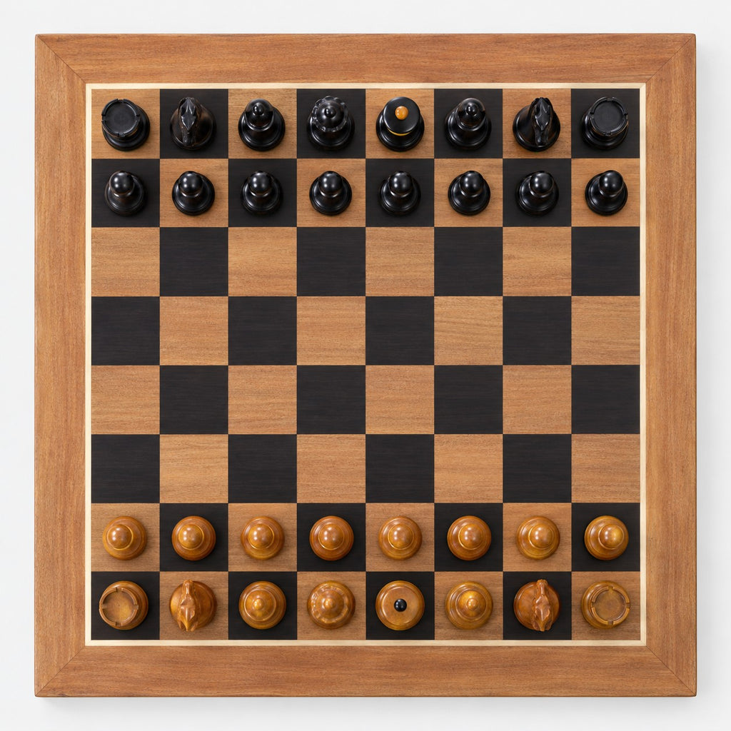 1935 Botvinnik-Flohr II Soviet Chess Set Combo - Antiqued & Ebonized Boxwood Pieces with Chessboard and Storage Box - chessboard top view