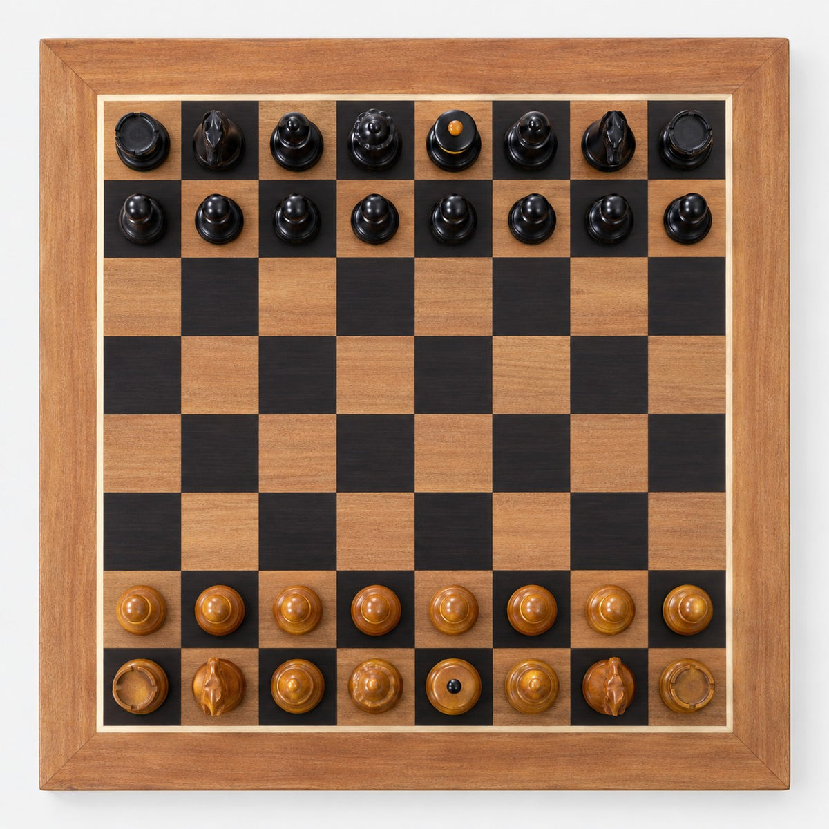 1935 Botvinnik-Flohr II Soviet Chess Set Combo - Antiqued & Ebonized Boxwood Pieces with Chessboard and Storage Box - chessboard top view