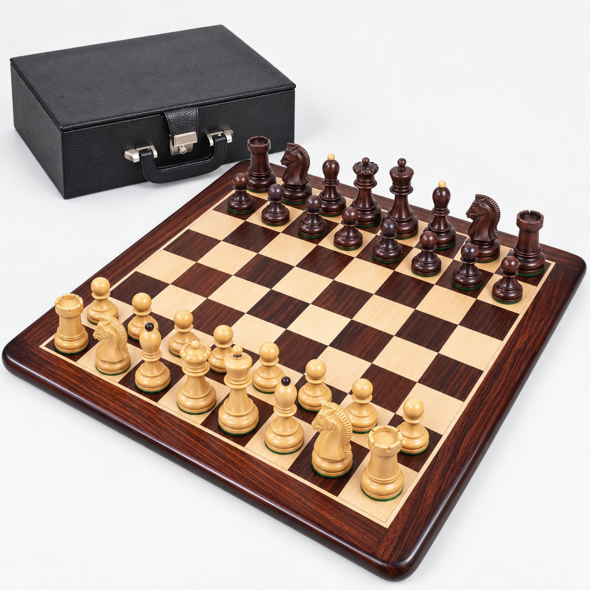 1950s Fischer Dubrovnik Chess Set Combo with Mahogany-Stained & Boxwood Pieces, 21" Chessboard, and Leatherette Storage Coffer - complete set