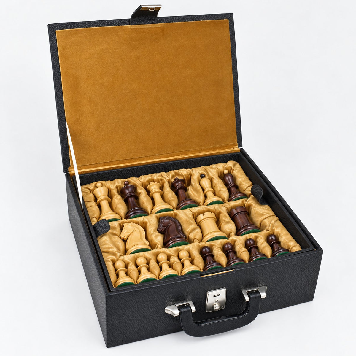 1950s Fischer Dubrovnik Chess Set Combo with Mahogany-Stained & Boxwood Pieces, 21" Chessboard, and Leatherette Storage Coffer - storage box