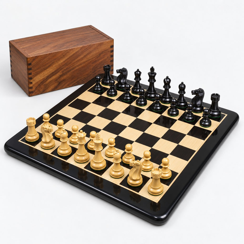 1972 Fischer-Spassky Championship Chess Set Combo with Ebonized Boxwood Pieces, Ebony Chessboard & Storage Box - complete set