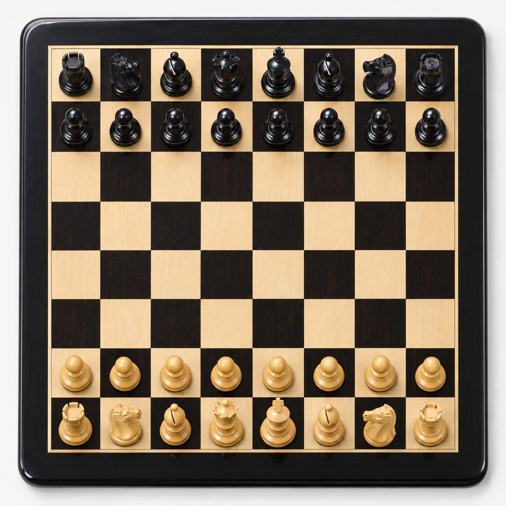1972 Fischer-Spassky Championship Chess Set Combo with Ebonized Boxwood Pieces, Ebony Chessboard & Storage Box - chessboard top view