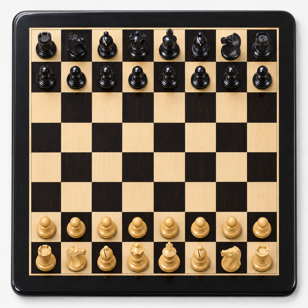 1972 Fischer-Spassky Championship Chess Set Combo with Ebonized Boxwood Pieces, Ebony Chessboard & Storage Box - chessboard top view