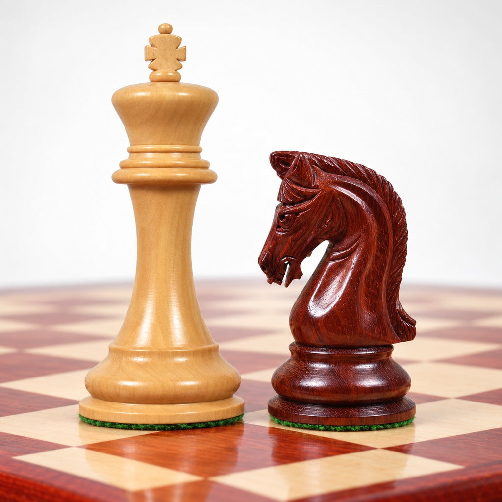2016 Sinquefield Staunton Chess Set Reproduction Combo - Bud Rosewood Pieces with Chessboard & Storage Box - king and knight close-up