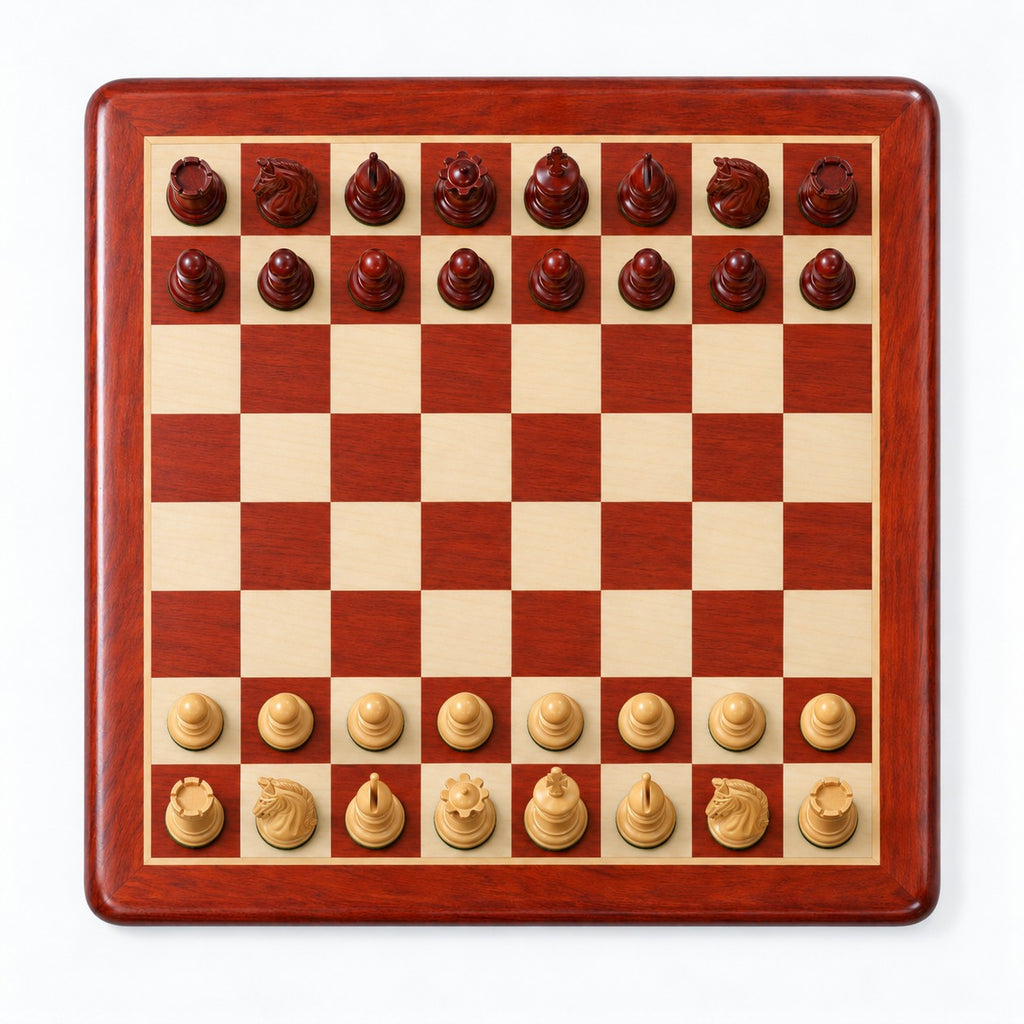 2016 Sinquefield Staunton Chess Set Reproduction Combo - Bud Rosewood Pieces with Chessboard & Storage Box - chessboard top view
