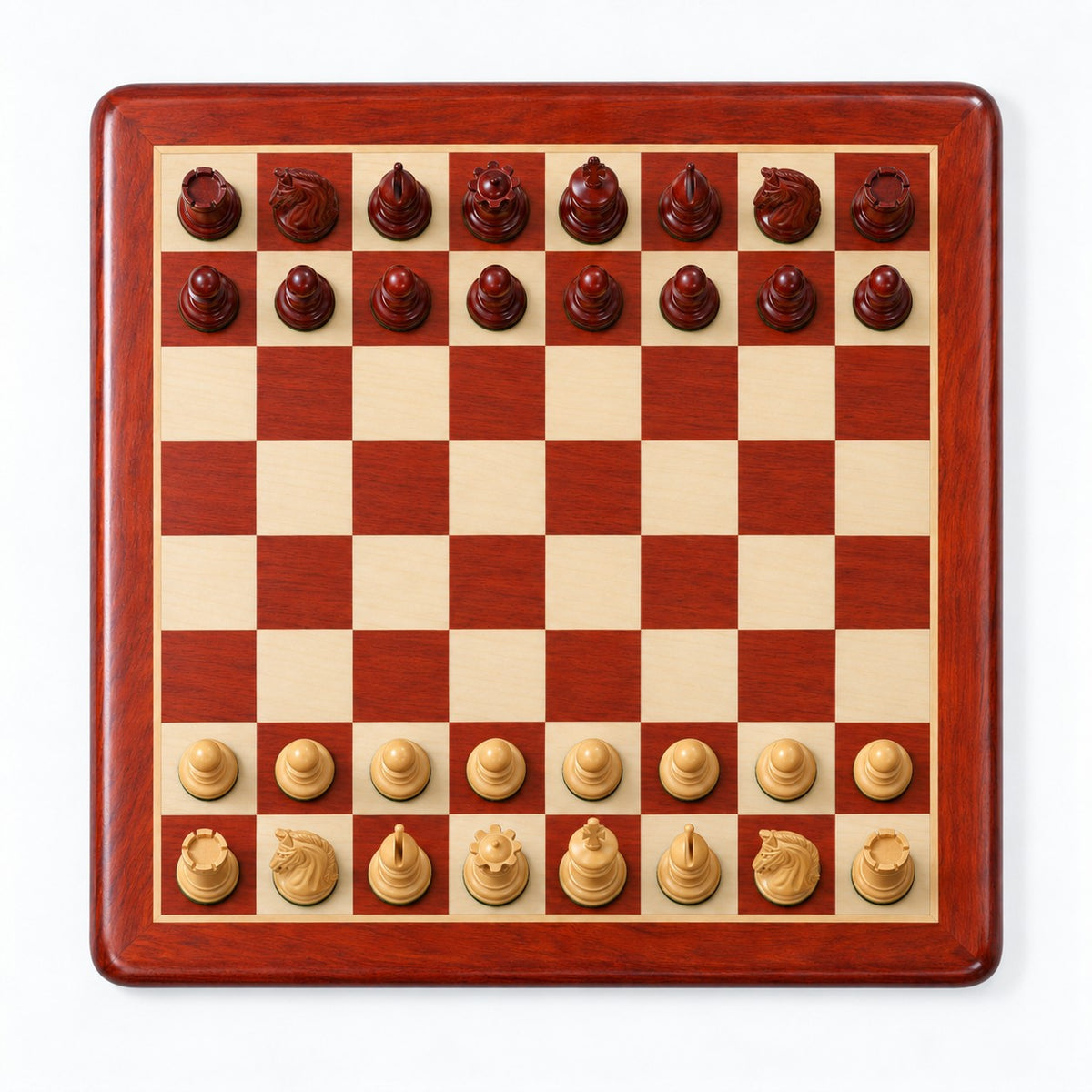 2016 Sinquefield Staunton Chess Set Reproduction Combo - Bud Rosewood Pieces with Chessboard & Storage Box - chessboard top view