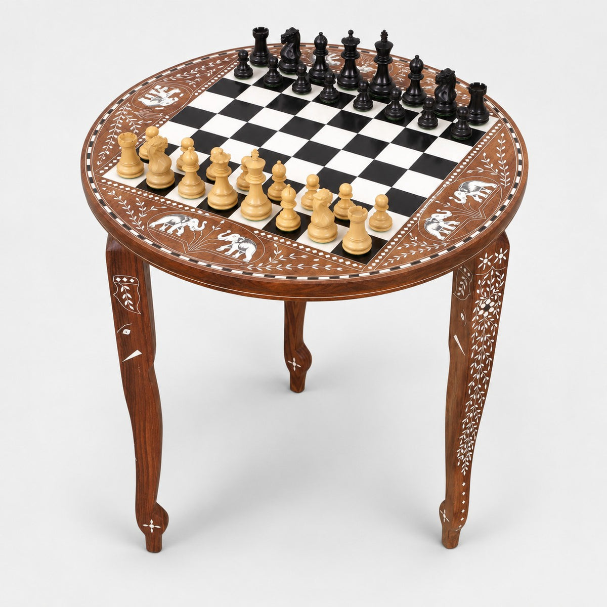 24" Luxury Boutique Round Chess Table with Weighted Ebonized Boxwood Staunton Chess Pieces - complete set
