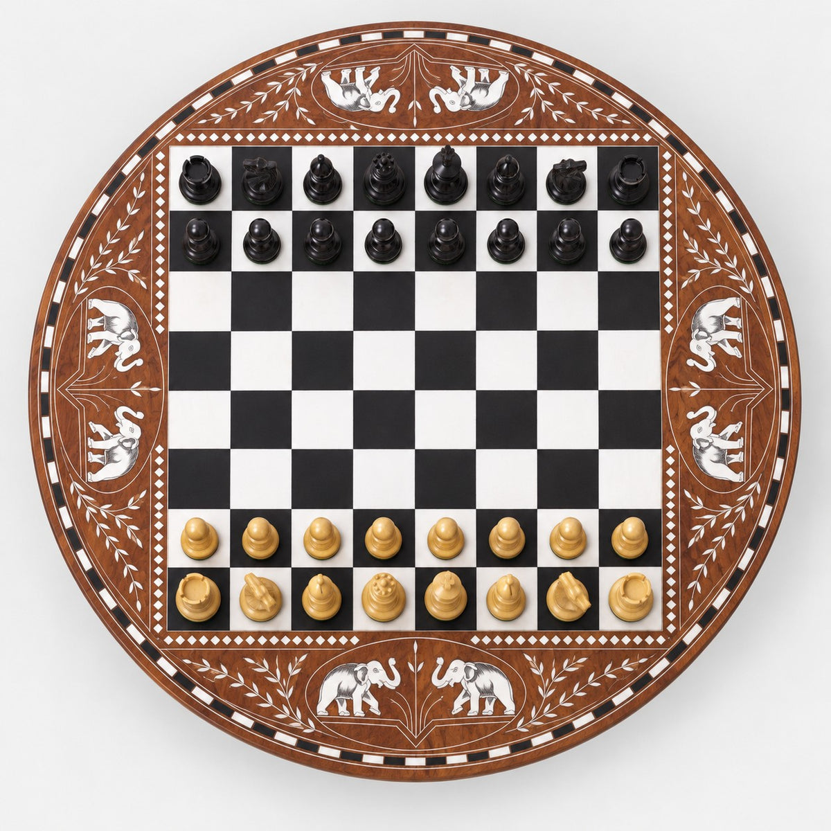 24" Luxury Boutique Round Chess Table with Weighted Ebonized Boxwood Staunton Chess Pieces - chessboard top view