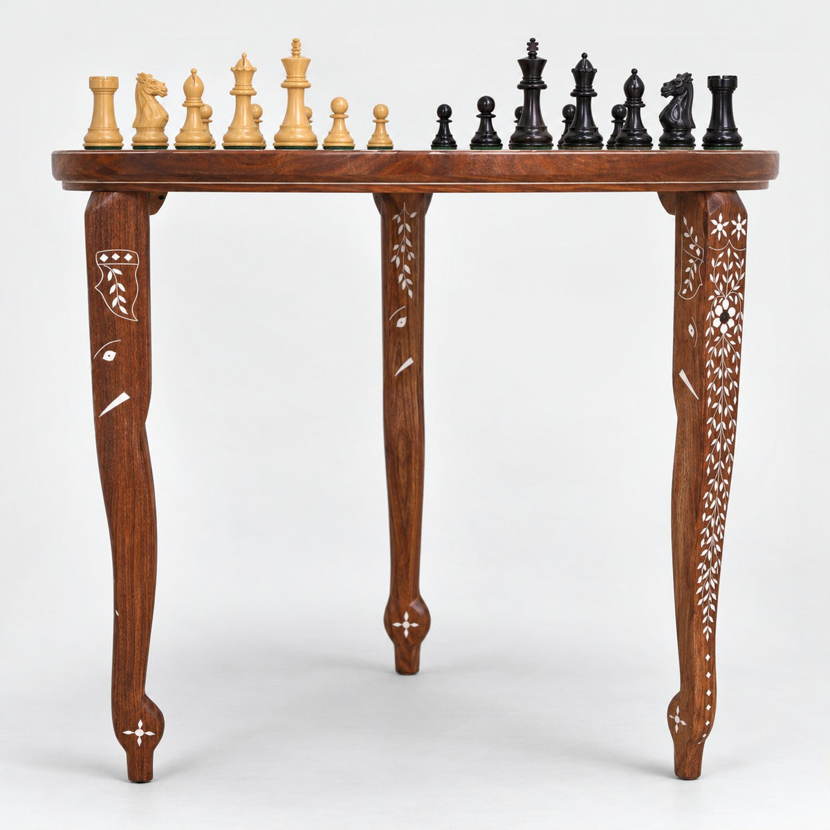 24" Luxury Boutique Round Chess Table with Weighted Ebonized Boxwood Staunton Chess Pieces - side view
