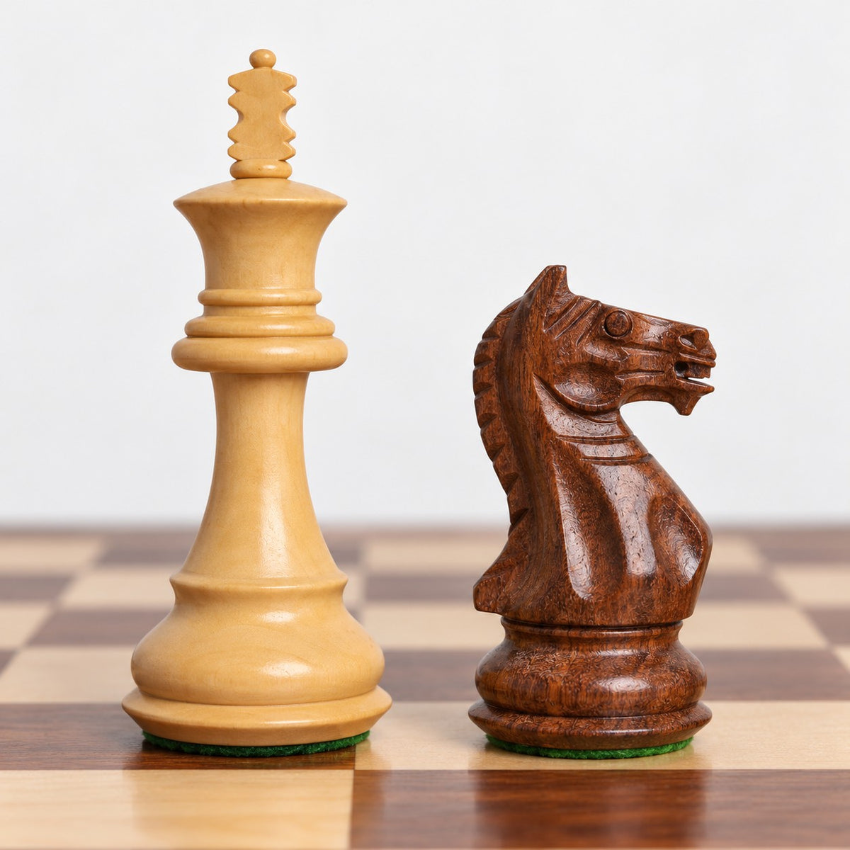 3.5" Fierce Knight Staunton Chess Set Combo with Golden Rosewood Pieces, Chess Board & Storage Box - king and knight close-up