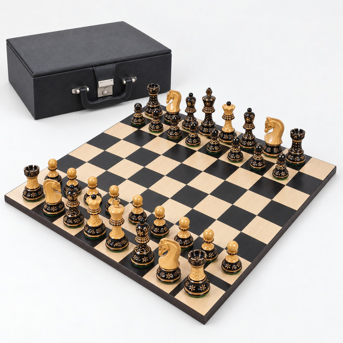3.75-Inch Artisan-Carved Burnt Zagreb Chess Set with Borderless Board & Leatherette Coffer Storage Box - complete set