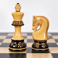 3.75-Inch Artisan-Carved Burnt Zagreb Chess Set with Borderless Board & Leatherette Coffer Storage Box - king and knight close-up
