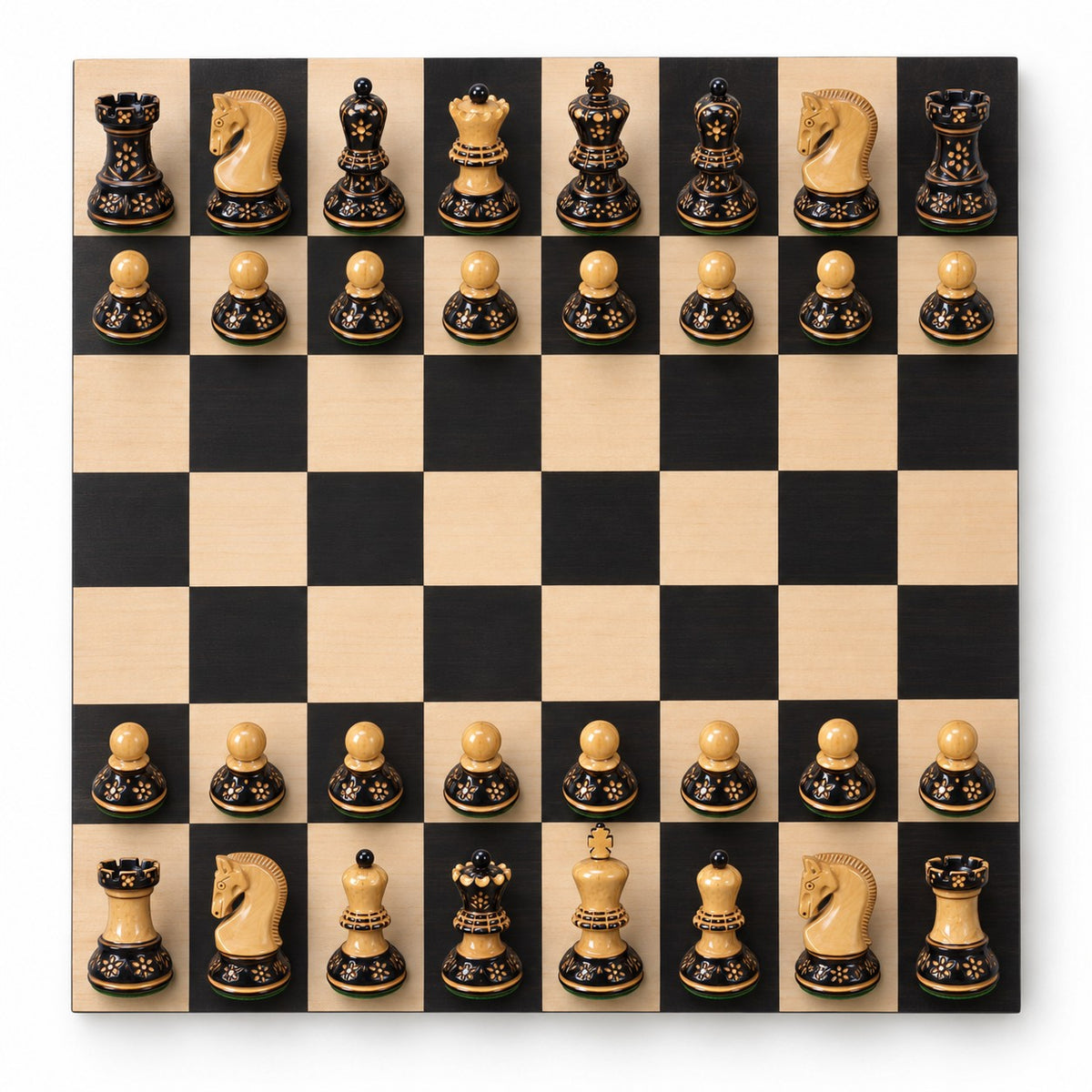 3.75-Inch Artisan-Carved Burnt Zagreb Chess Set with Borderless Board & Leatherette Coffer Storage Box - chessboard top view