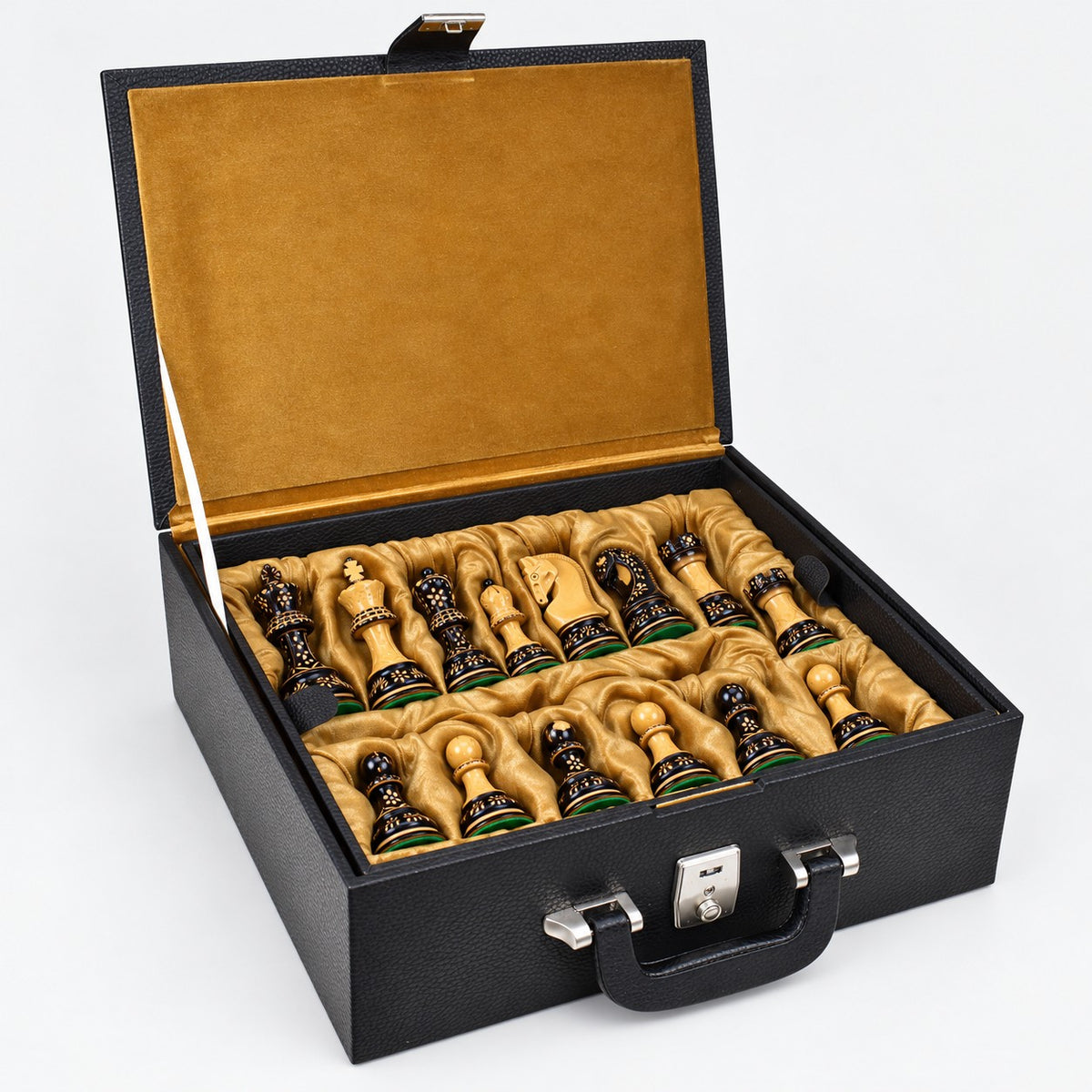 3.75-Inch Artisan-Carved Burnt Zagreb Chess Set with Borderless Board & Leatherette Coffer Storage Box - storage box