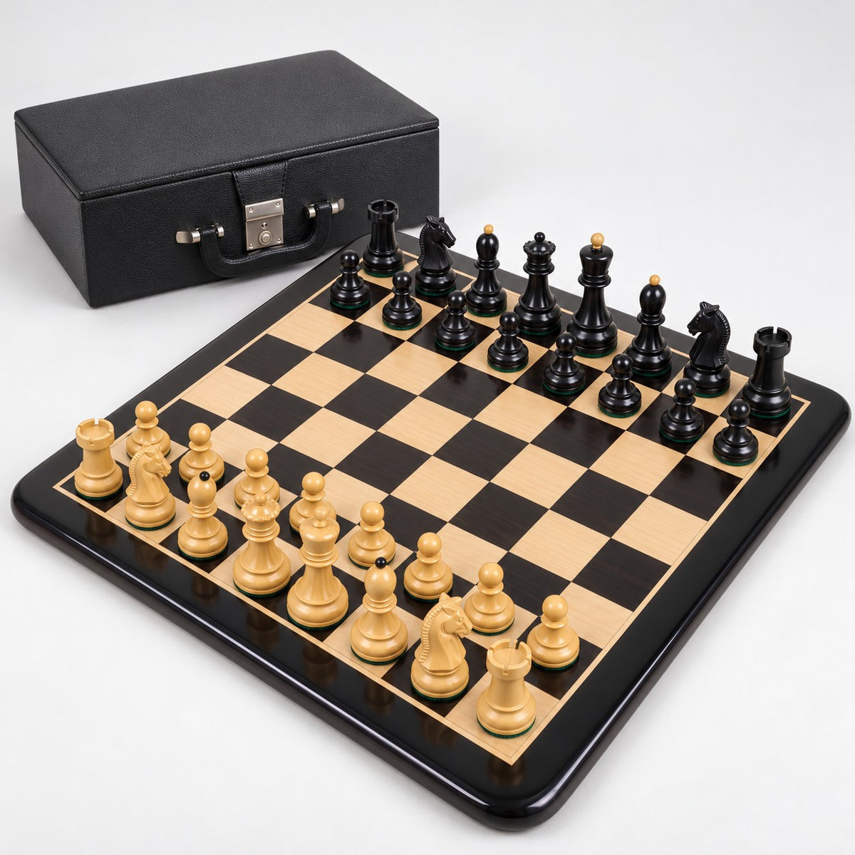 3.8" 1950s Fischer Dubrovnik Chess Set - Ebony & Boxwood Pieces with Matching Board and Storage Box | 3-Piece Combo - complete set