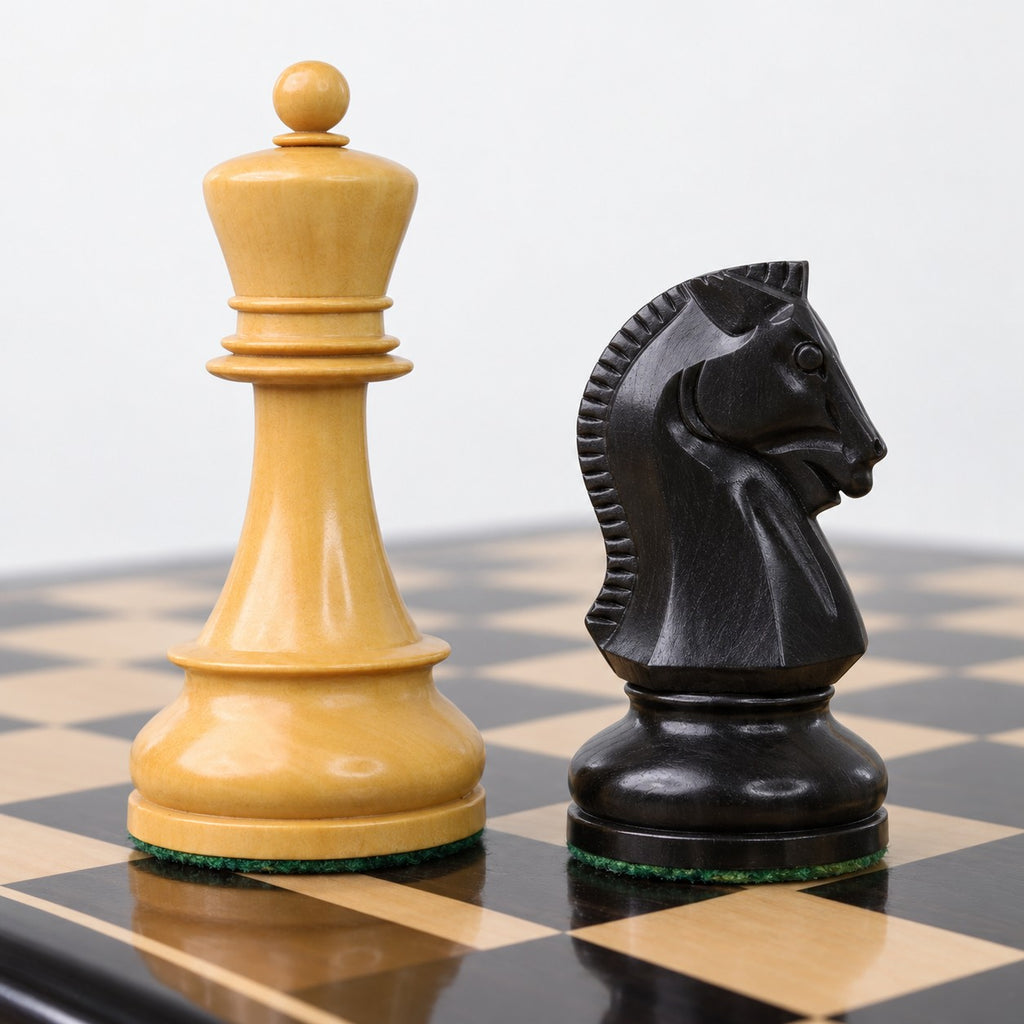 3.8" 1950s Fischer Dubrovnik Chess Set - Ebony & Boxwood Pieces with Matching Board and Storage Box | 3-Piece Combo - king and knight close-up