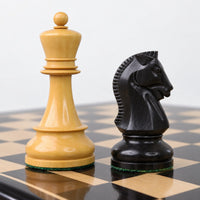 3.8" 1950s Fischer Dubrovnik Chess Set - Ebony & Boxwood Pieces with Matching Board and Storage Box | 3-Piece Combo - king and knight close-up