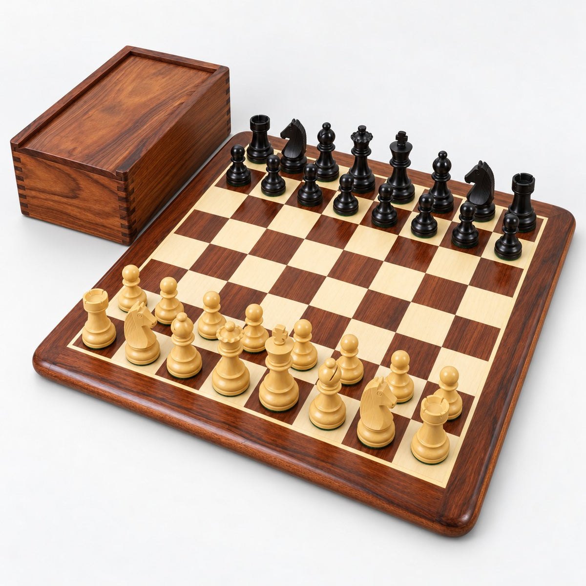 3.8-Inch Championship Chess Set - Ebonized Boxwood Pieces with Folding Board & Storage Box - complete set