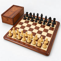 3.8-Inch Championship Chess Set - Ebonized Boxwood Pieces with Folding Board & Storage Box - complete set