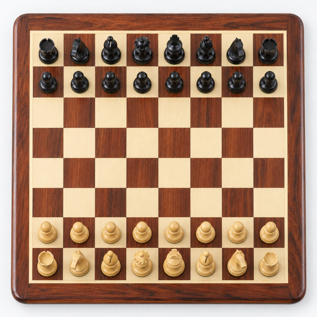 3.8-Inch Championship Chess Set - Ebonized Boxwood Pieces with Folding Board & Storage Box - chessboard top view