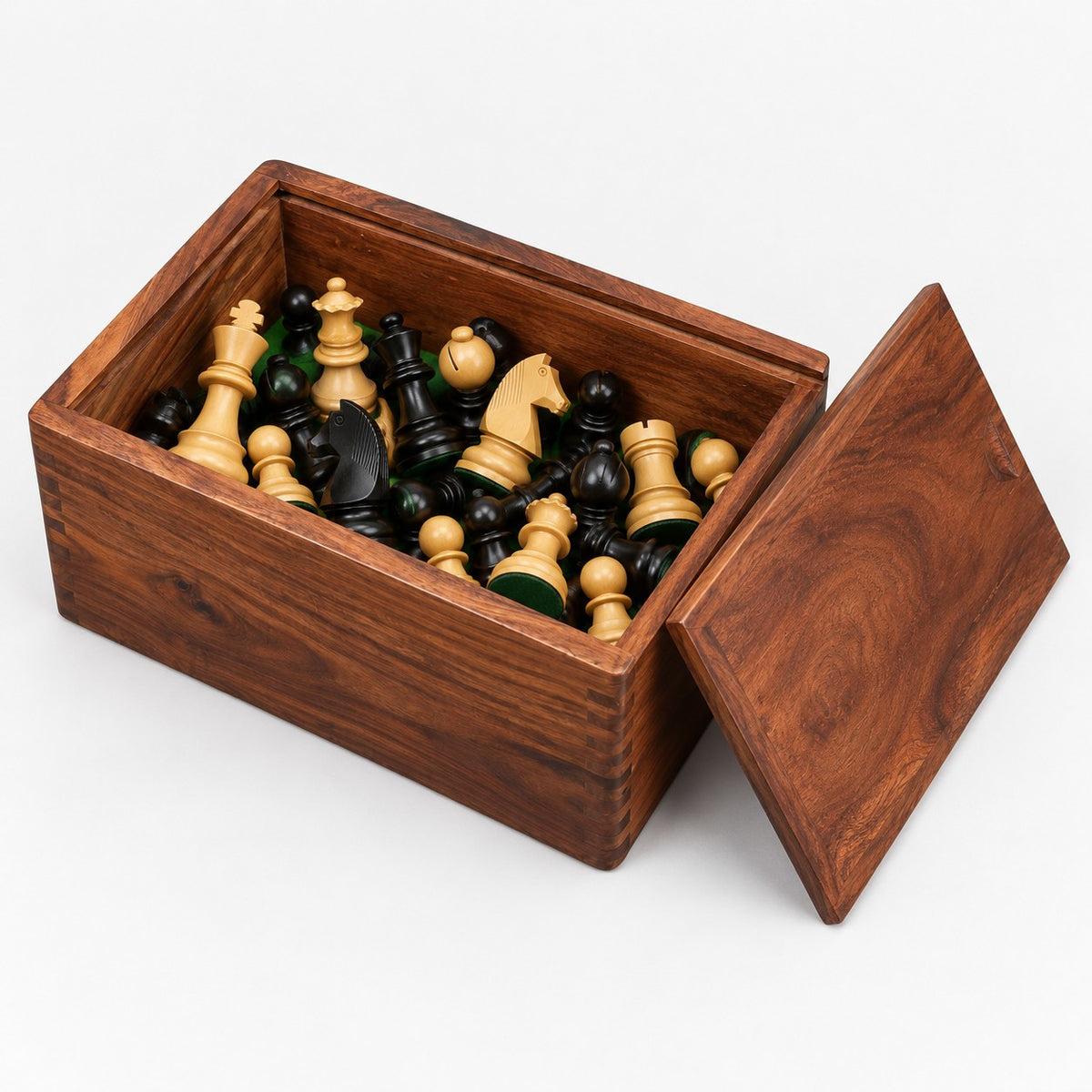3.8-Inch Championship Chess Set - Ebonized Boxwood Pieces with Folding Board & Storage Box - storage box