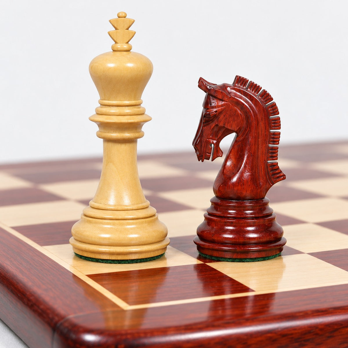 3.8-Inch Imperial Staunton Chess Set - Bud Rosewood Pieces with 21-Inch Chessboard and Storage Box - king and knight close-up