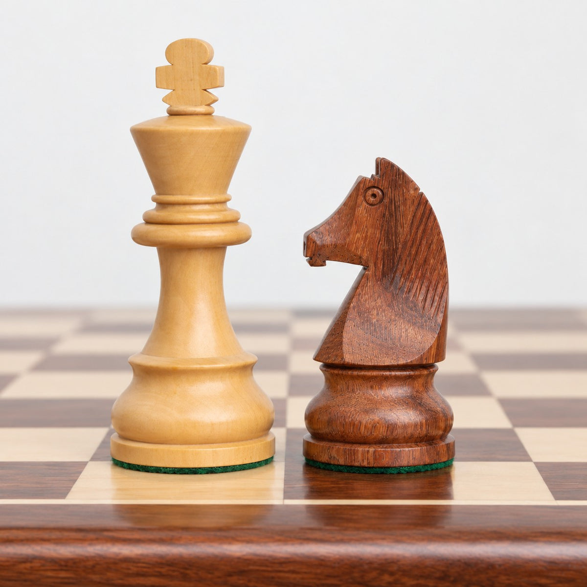 3.8-Inch Tournament Chess Set Combo - Golden Rosewood Pieces with Chess Board and Storage Box - king and knight close-up